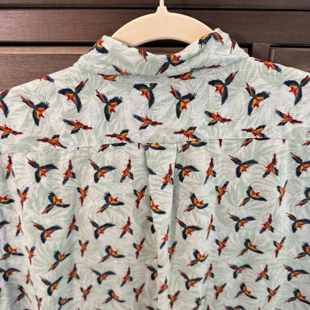 J.Crew 100% Linen Parrot Print Short Sleeve Button Down Shirt Men’s M Tropical